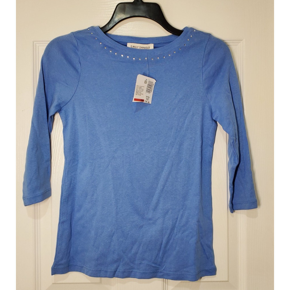 Emily Daniels Top XS Petite Blue 3/4 Sleeve Studded Neckline NWT Cotton